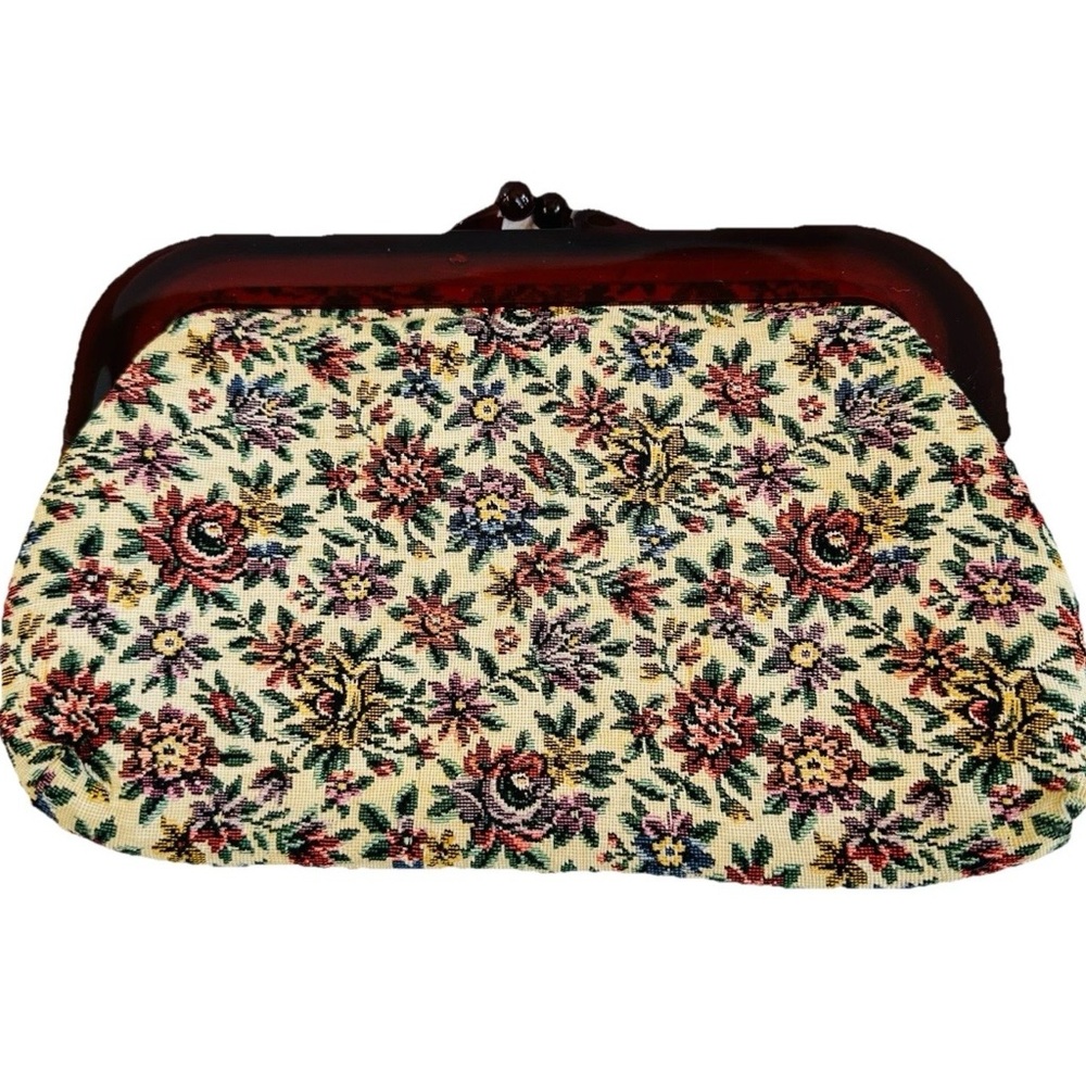 VTG 60’s Tapestry Clutch Purse Faux Tortoise Shell Lucite Frame Kiss Lock *Read